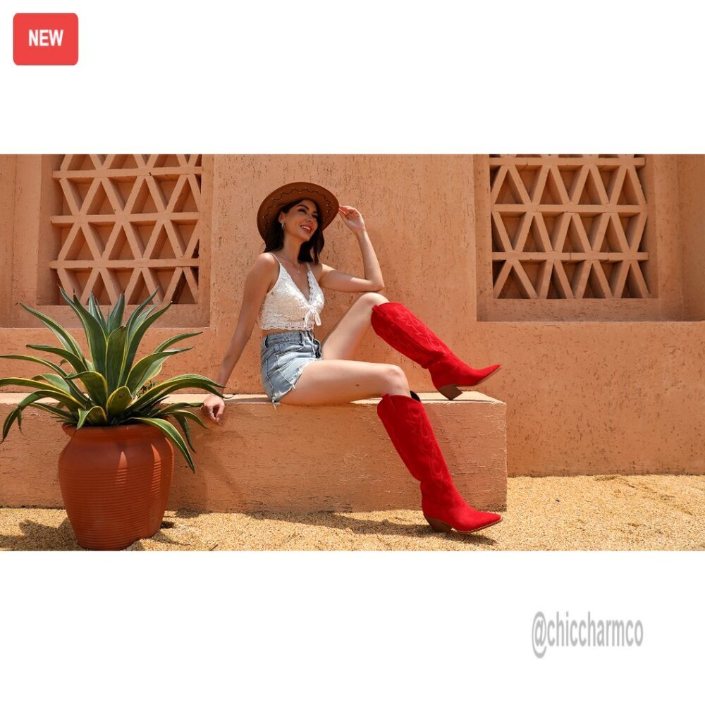 Knee High Cowgirl Boots Pointed Toe Block Heel Suede Faux Leather Embroidered - Picture 7 of 7